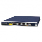 Managed PoE Switch Planet IGS-6325-24P4S, IP30, 19" Rack Mountable Industrial, L3, 24-Port 10/100/1000T 802.3at PoE with 4 shared 100/1000X (-40 to 75 C, dual redundant power input on 48~56VDC, DIDO, ERPS Ring, 1588, Modbus TCP, ONVIF, Cybersecurity