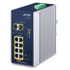 Industrial Ethernet Switch Planet IGS-1020PTF-12V, IP30, 8-Port 10/100/1000T 802.3at PoE + 2-Port 100/1000X SFP, w / 12V Booster (-40~75 degrees C, 250m Extend mode, PoE Usage LED, dual 12V~56V DC power boost)